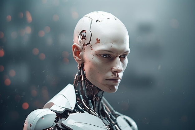Portrait d'un robot dans un intérieur futuriste blancConcept d'intelligence artificielle