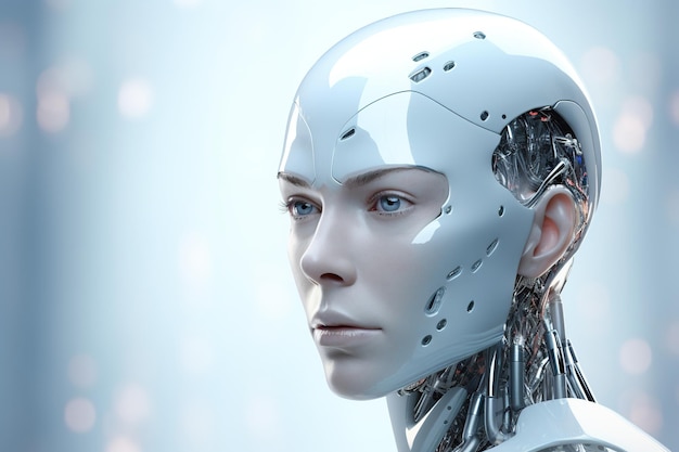 Portrait d'un robot dans un intérieur futuriste blancConcept d'intelligence artificielle