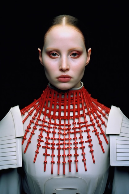 Portrait d'un robot femelle avec des tresses rouges sur fond noir