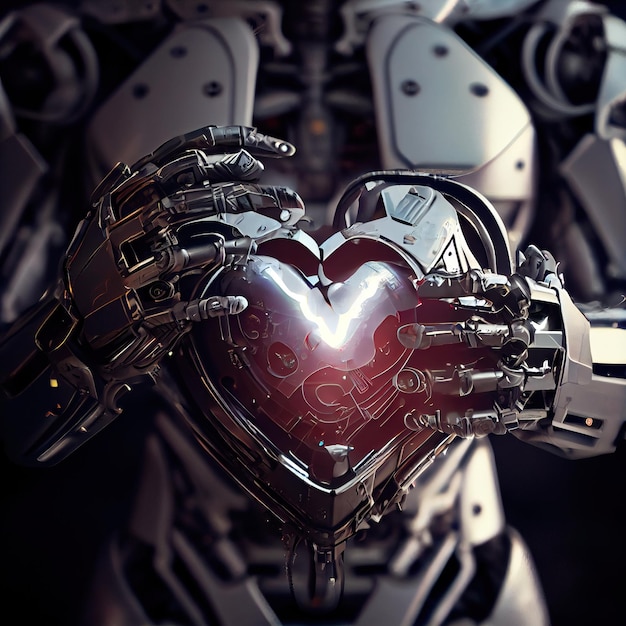 Portrait d'un robot futuriste avec un cœur mécanique dans ses mains Le concept du robot moderne