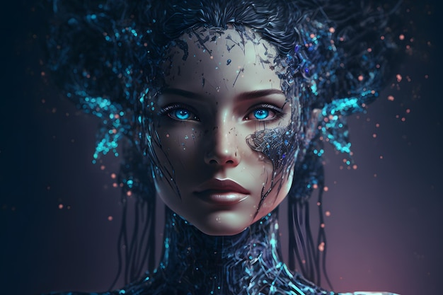 Portrait de robot humanoïde féminin futuriste moderne avec des détails technologiques sur le visage Art généré par le réseau de neurones