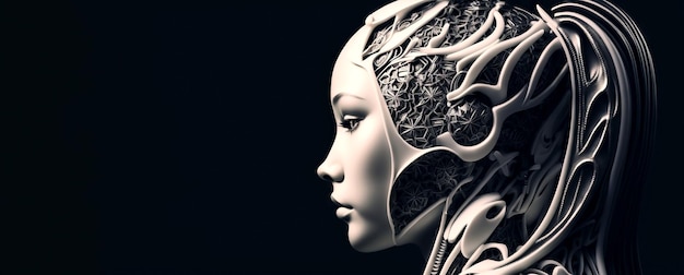 Portrait d'un robot humanoïde féminin en plastique blanc et verre visage androïde genres de vie synthétiques