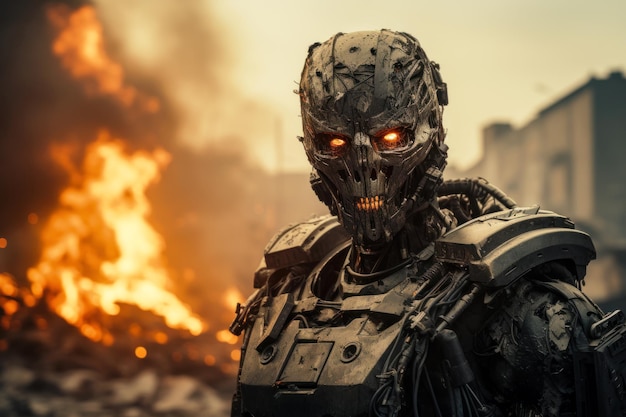 Portrait de robot militaire d'un soldat futuriste sur fond de feu IA générative Scène dramatique avec cyber-guerrier Concept de technologie de personnage de guerre menace et fiction d'utopie future