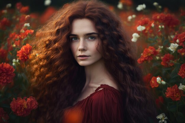 Portrait romantique d'une femme aux longs cheveux bruns bouclés portant une robe rouge dans un champ de fleurs