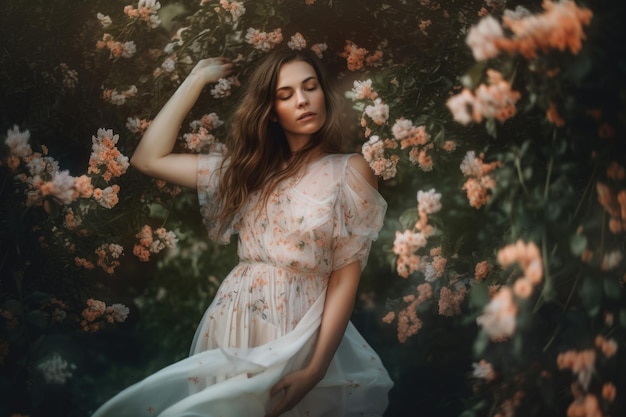 Portrait romantique d'une femme vêtue d'une robe fluide entourée de fleurs épanouies