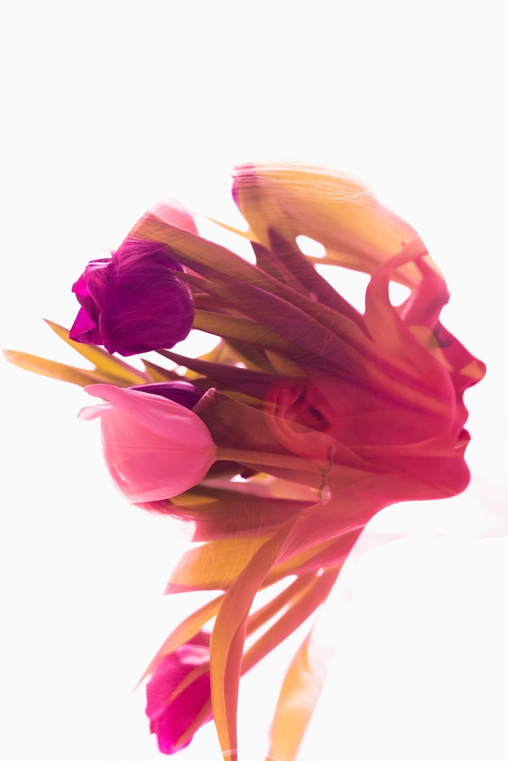 Photo portrait rose et violet d'une belle fille sur des fleurs de tulipes