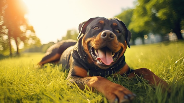 Portrait de Rottweiler sur l'herbe verte dans la forêt