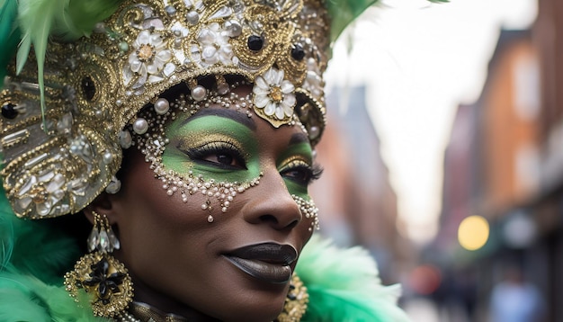 Un portrait de rue franc d'une personne dans un costume élaboré de la fête de Saint-Patrick