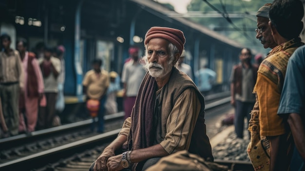 Portrait de rue d'une personne traditionnelle avec un arrière-plan flou d'une rue et une foule de personnes dans votre