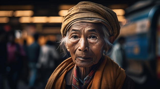 Portrait de rue d'une personne traditionnelle avec un arrière-plan flou d'une rue et une foule de personnes dans votre