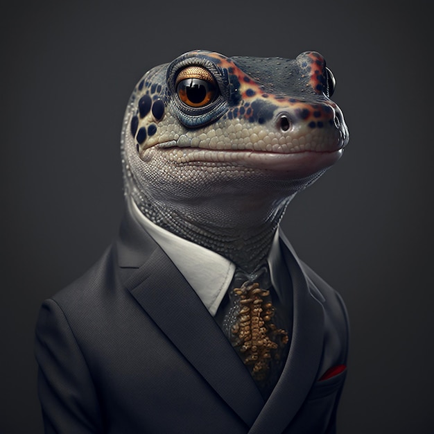 Portrait d'une salamandre vêtue d'un costume formel