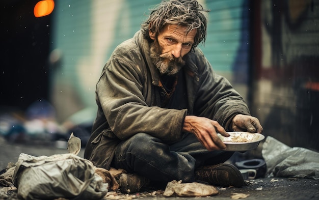 Photo portrait d'un sans-abri errant dans la rue concept documentaire malade et solitaire déprimé de l'itinérance et de la pauvreté