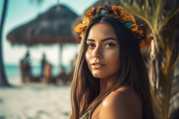 portrait, de, une, séduisant, jeune femme, sur, plage tropicale