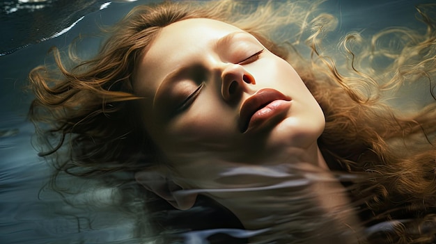 Portrait sensuel de femme aux yeux fermés sous l’eau