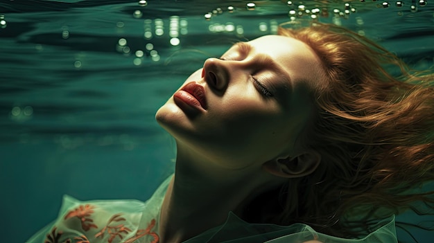 Portrait sensuel de femme aux yeux fermés sous l’eau