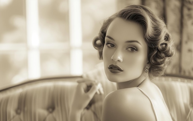 Photo portrait séparé d'une femme avec une coiffure classique des années 1940, un maquillage élégant et une expression équilibrée.