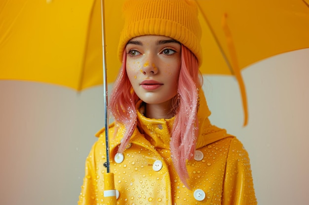 Portrait serein d'une jeune femme vêtue d'un imperméable jaune sous un parapluie AI générative