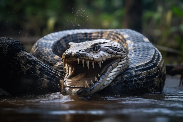 Portrait d'un serpent avec la bouche ouverte et les dents acérées dans l'IA générative de l'eau