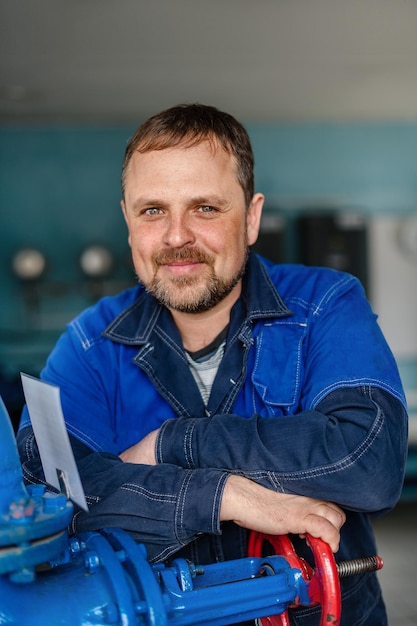 Photo portrait d'un serrurier dans la chaufferie sur le lieu de travail un homme blanc avec une barbe aux yeux gentils regarde la caméra et sourit