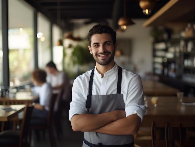 Portrait d'un serveur souriant debout avec les bras croisés dans un café