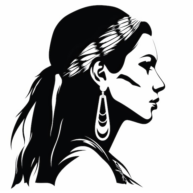 Portrait de silhouette de femme Lakota noir et blanc minimal avec plume