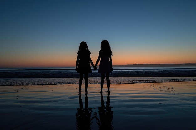 Portrait de silhouette de frères et sœurs se tenant par la main sur la plage au coucher du soleil