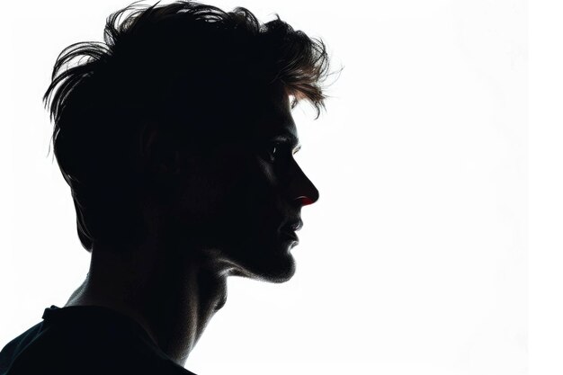 Portrait de silhouette d'un jeune homme européen en profil sur un fond blanc isolé