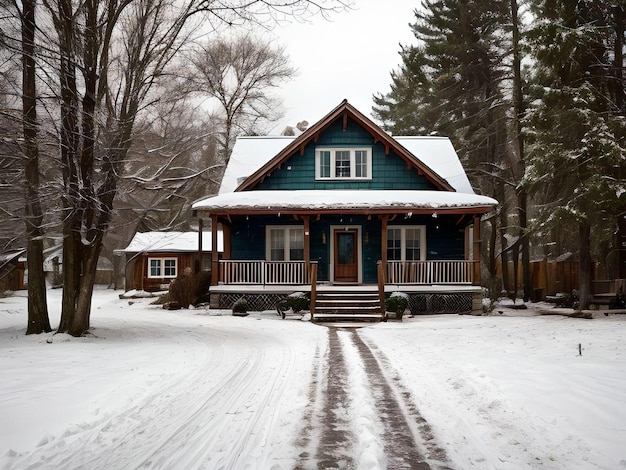 Portrait d'une simple maison en bois verte au milieu d'un paysage enneigé dans la forêt