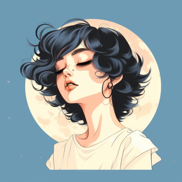 Portrait simplifié et stylisé d'une fille regardant la lune