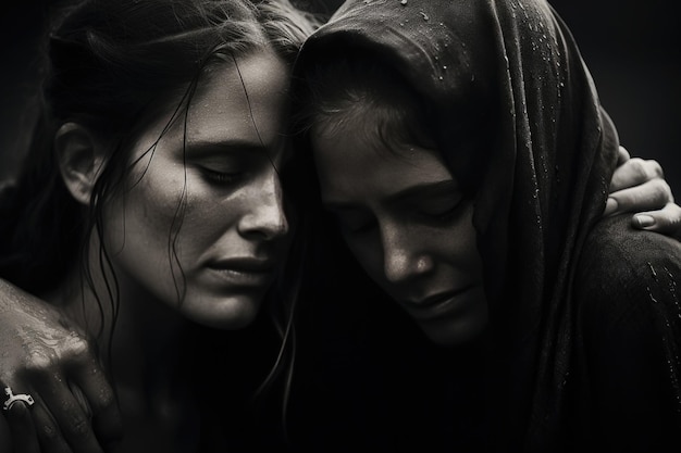 Un portrait sincère capturant deux femmes qui s'embrassent transmettant un profond sentiment de réconfort et de lien émotionnel entre elles