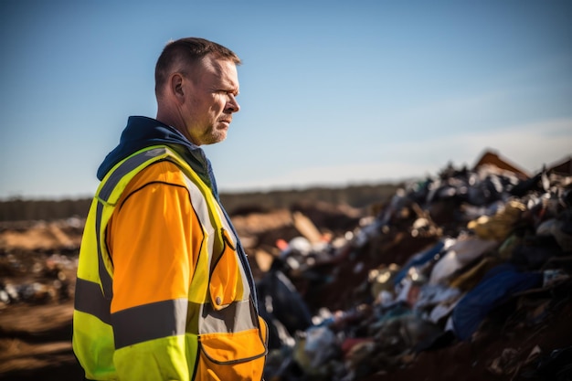 un portrait sincère capture les émotions d'un travailleur de la gestion des déchets lors de l'inspection d'une décharge illégale