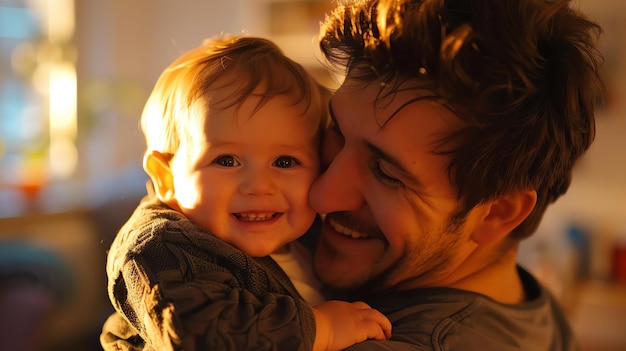 Portrait sincère d'un jeune père heureux tenant son adorable petit fils dans ses bras, tous deux souriants et se regardant avec amour et joie.