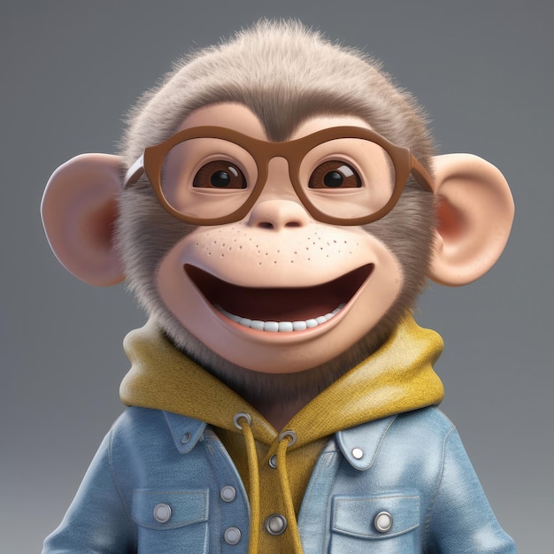 Portrait de singe de dessin animé 3D portant des vêtements lunettes chapeau et veste debout devant