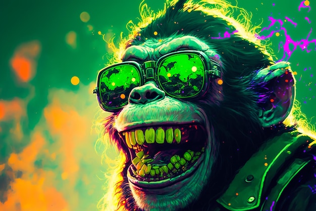 Portrait d'un singe fou à lunettes de soleil sur un fond toxique rougeoyant