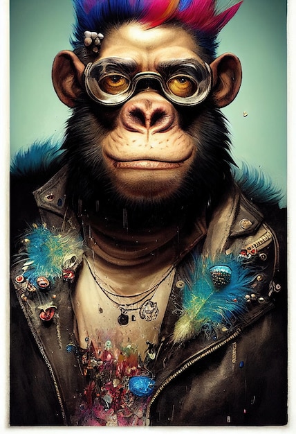 Portrait d'un singe punk Singe rock musicien Singe hipster avec une coiffure punk