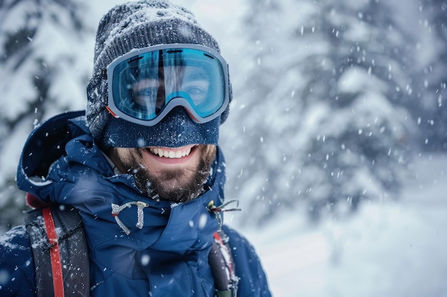 Portrait d'un snowboarder souriant jeune homme heureux en costume bleu lunettes de protection chapeau de masque veste de ski rembourrée