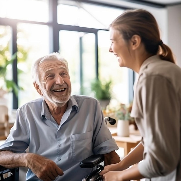 Photo portrait d'un soignant ou d'un vieil homme en fauteuil roulant à l'hôpital aidant un patient âgé pour un soutien