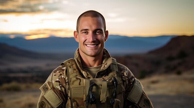 Portrait d'un soldat américain regardant la caméra.