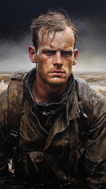 un portrait d'un soldat avec de la boue sur le visage