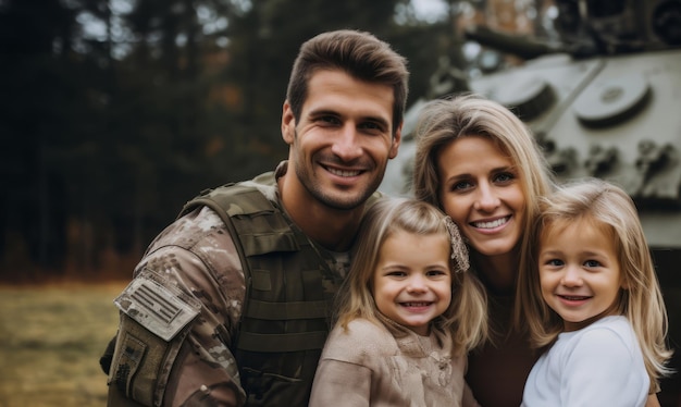 Portrait d'un soldat avec un concept de retrouvailles de vétéran de famille heureuse