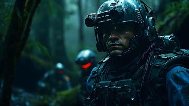 Portrait d'un soldat des forces spéciales dans une forêt sombre thème militaire