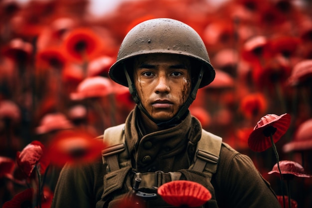 Portrait d'un soldat de guerre vintage debout dans un champ de pavots rouges à l'arrière-plan du jour du souvenir