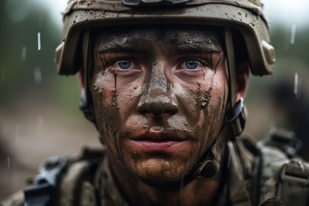 Portrait d'un soldat qui pleure en larmes sur le champ de bataille en guerre Generative AI