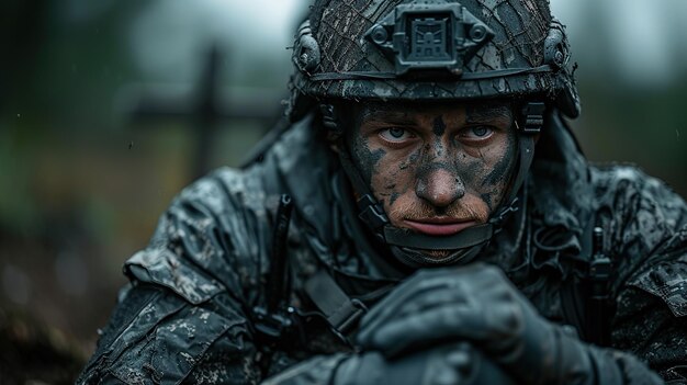 un portrait d'un soldat sale et triste