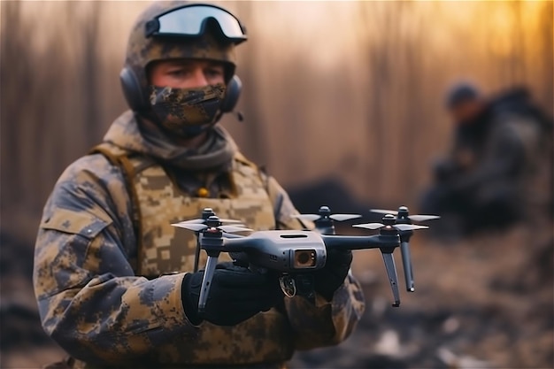 Portrait d'un soldat tenant un drone à la main Generative AI