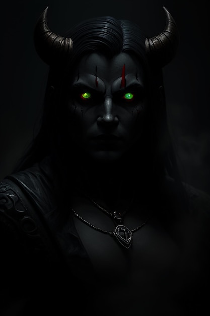 Un portrait sombre d'un démon aux yeux verts.