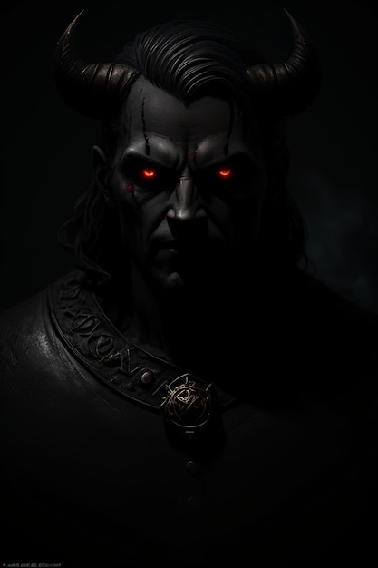 Un portrait sombre d'un démon avec des yeux rouges et un fond noir.
