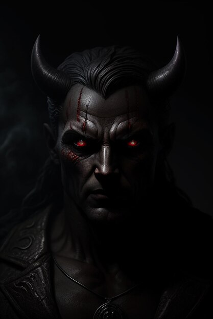 Un portrait sombre d'un démon avec des yeux rouges et des yeux rouge.