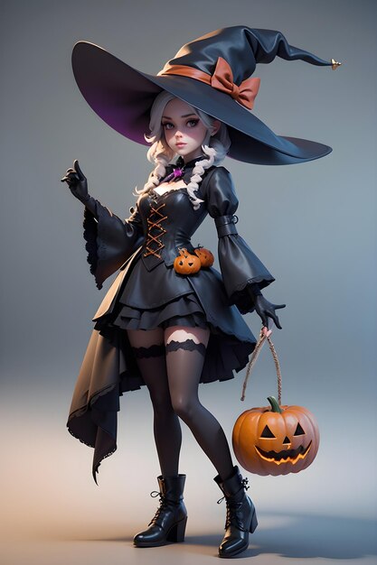 Photo portrait d'une sorcière avec une citrouille halloween