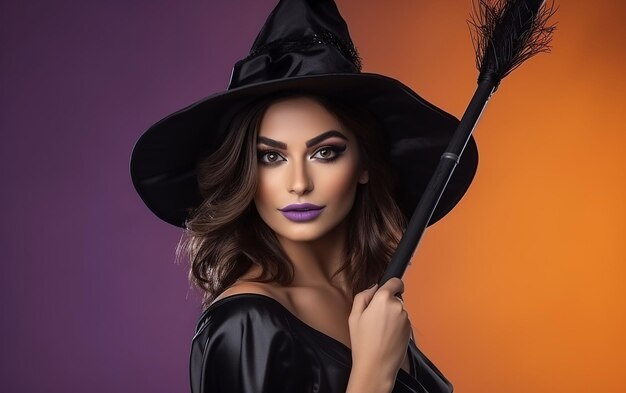 portrait d'une sorcière costumée avec un balai halloween
